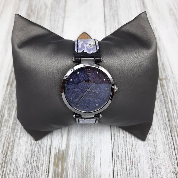 Coach Park Black Floral Print Leather Strap Watch - Picture 2 of 10